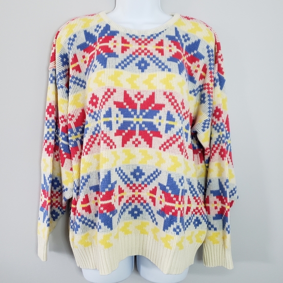Vintage Retro Nordic Design Snowflake Ski Sweater L - Picture 1 of 10